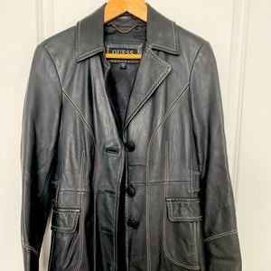 Guess black leather jacket with white stitch details
